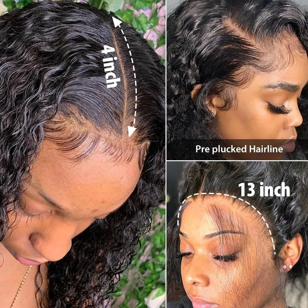 Perruque Bob Lace Front Wig Deep Wave brésilienne naturelle, cheveux courts bouclés, 13x4, pre-pluck, densité 200%