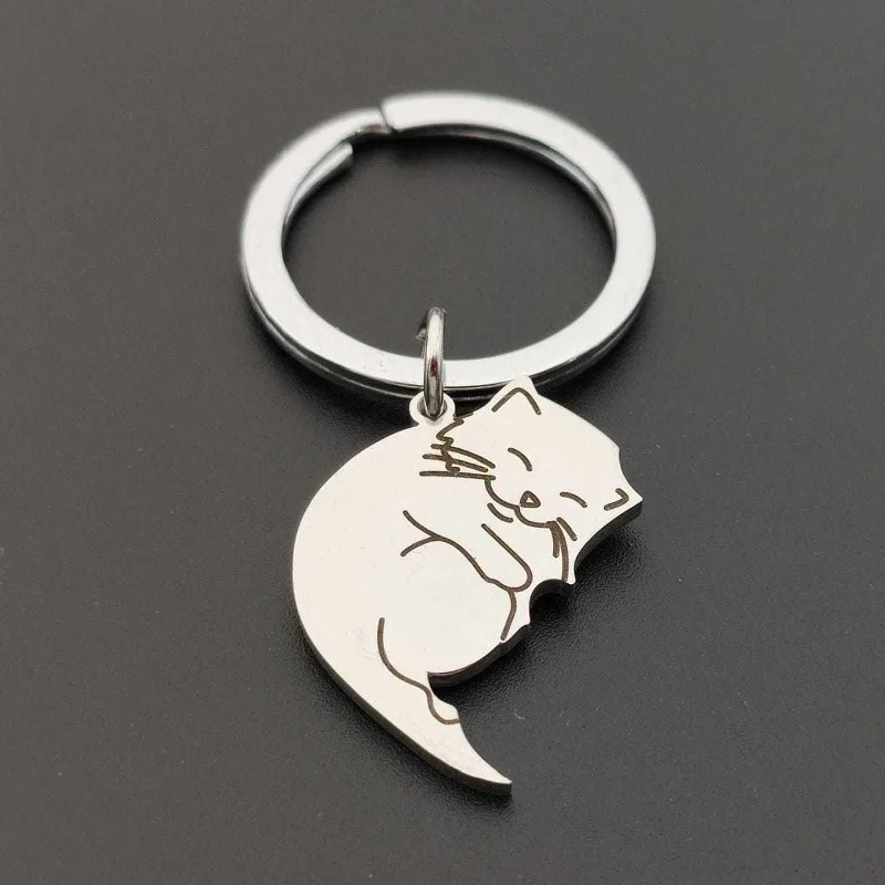 Cute Stainless Steel Black White Cat Keychain Schoolbag Backpack Accessories Keyring Pendant Valentine's Day Gifts Key Chain