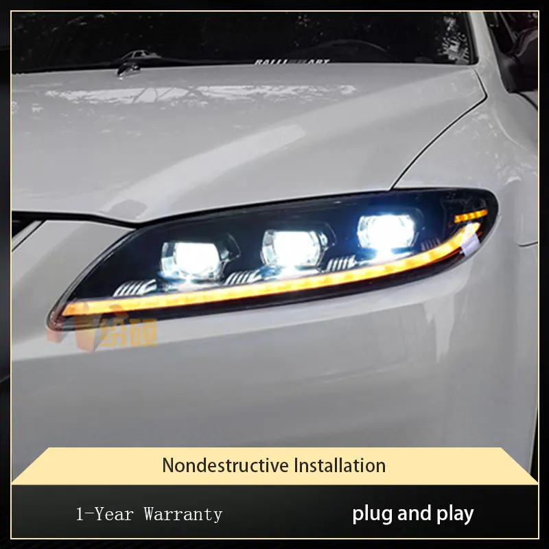

Автомобильные фары для Mazda 6 Mazda6 2003-2015, обновленные фары, бифокальные, с 3 линзами, круглый дизайн, светодиодные DRL, передние аксессуары