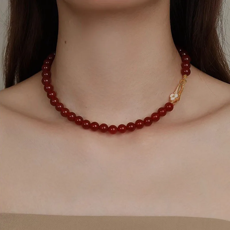 100 % natürlicher roter Achatstein, süße Glücksblume, 14 Karat Gold gefüllt, weibliche Perlen, Kette, Halskette, Schmuck für Frauen, Hochzeitsgeschenke – Detail 4