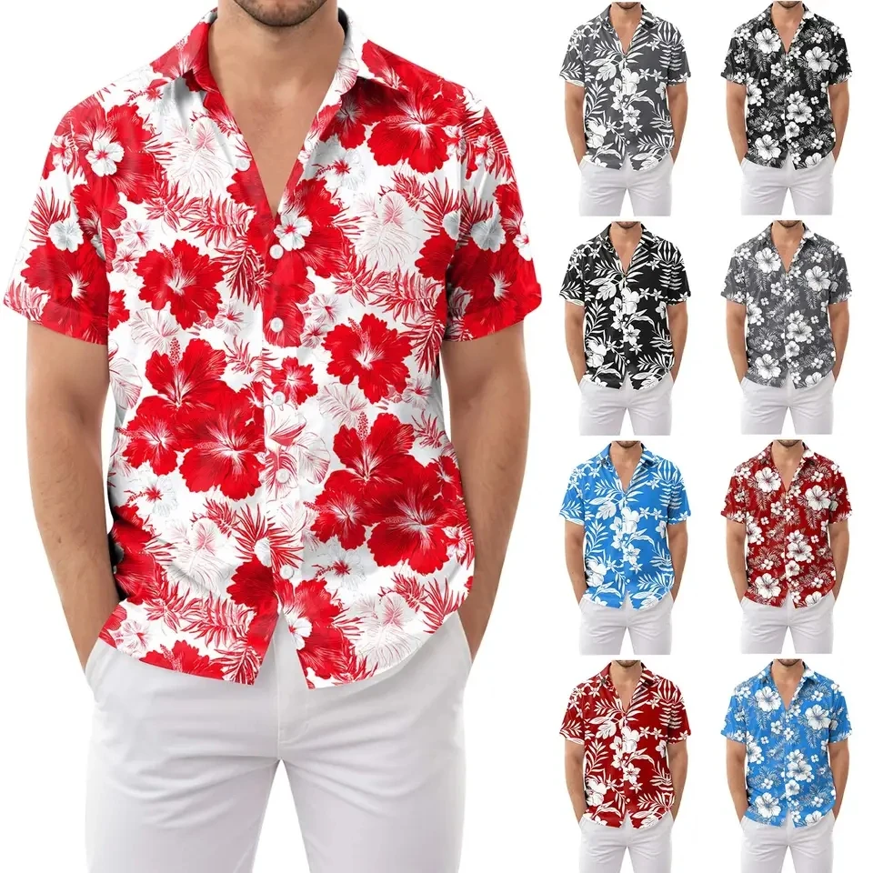Men's Hawaii Summer Floral Print Shirt Casual Seaside Vacation Short Sleeve Blouse Tops Lapel Single-Breasted Beach Shirts