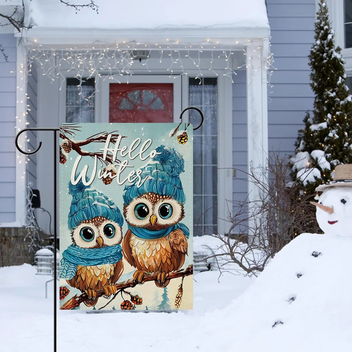 Dyrenson Hello Winter Owl Decorative Garden Flag, Snowy Pine Cone Branch Yard Outside Home Decoration, Christmas Seasonal Bu LLG