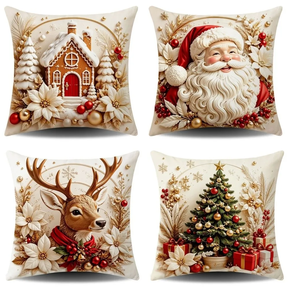 Square Christmas Pillow Cover Print Surface Soft Fabric Holiday Throw Cushion Multi Pattern Zipper Build