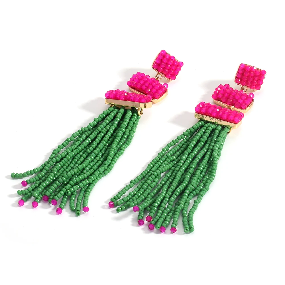 Bohemian Seed Bead Long Tassel Earrings Layered Handmade Vintage Statement Drop Earrings Jewelry Party Accessories