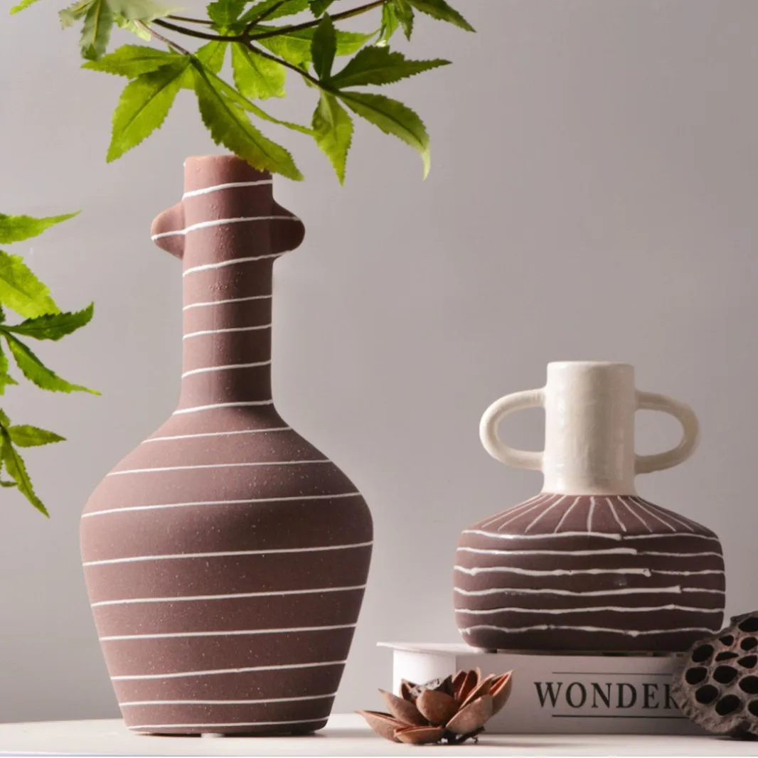 Striped Ceramic Vase Handmade Earthenware Pot Flower Vase Flower Arrangement Accessories Ceramic Handicrafts Home Decoration