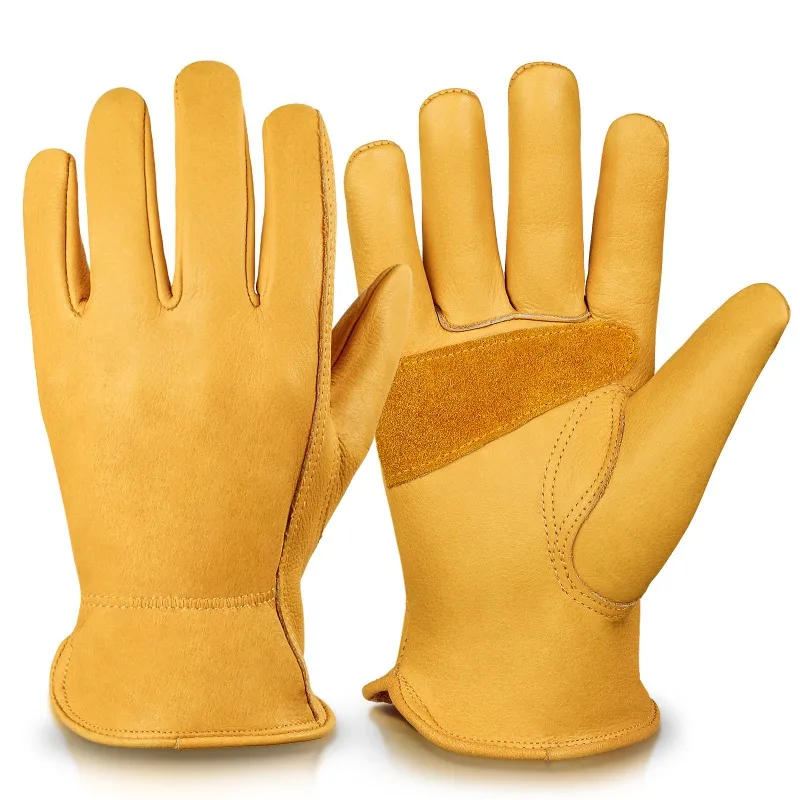 Flex Grip Leather Work Gloves Stretchable Wrist Tough Cowhide Working Glove Resistant Knit Wrist Canvas Backing Safety Supplies