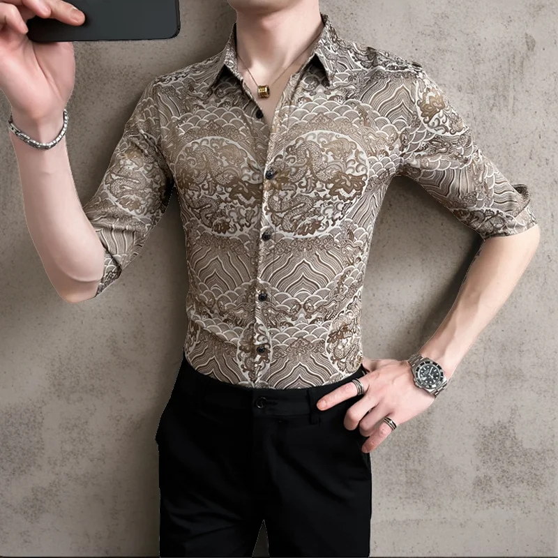 

Luxury Retro Noble Dragon Jacquard Half Sleeved Men Dress Shirt Spring Summer Buttons Up Slim Male Floral Shirts Streetwear 4XL