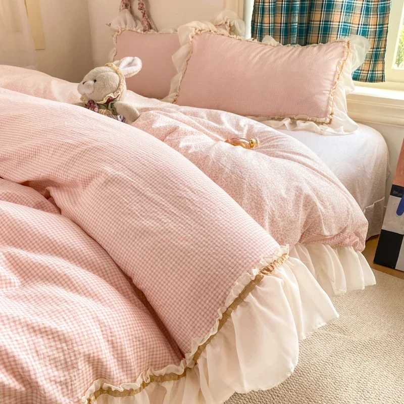 Korean Princess Style Bedding Sets for Girls 2026 Cute Ruffles Washed Cotton Pink Blue Duvet Cover Set Dormitory Bed Sheet