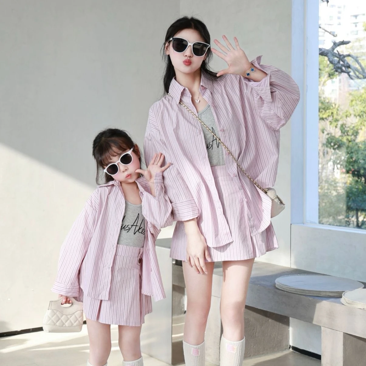 

2026 New Spring Summer Mommy and Me Matching Striped Shirt & Pleated Skirt 2 Piece Set Korean Fashion Family Outfits