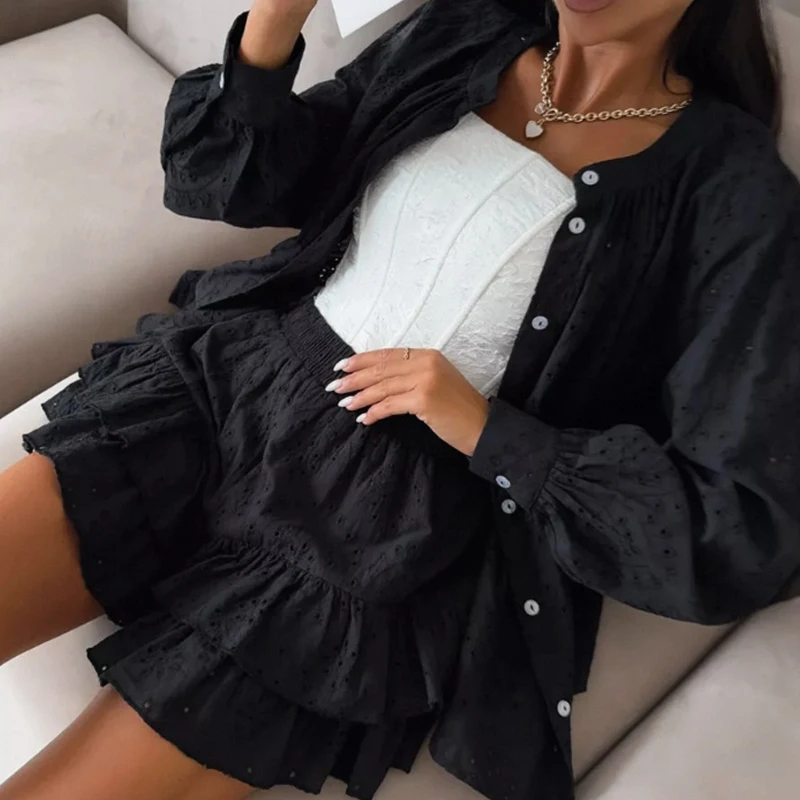 

Leisure Loose Women Commute Two Piece Sets Stylish Hollow Out Jacquard Suits Chic Lantern Sleeve O-neck Shirts&Pants Skirts Sets