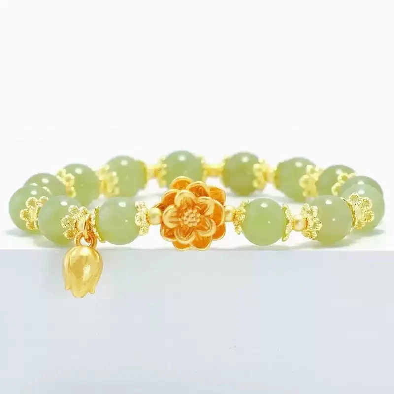 Women Fashion Lucky Bracelet Imitation Hetian Jade Lotus Elegant Temperament Beaded Bracelet Jewelry Gift
