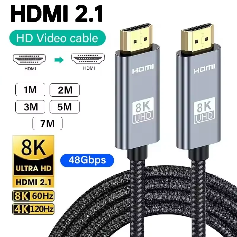 

HDMI 2.1 Adapter Cable For TV Box Monitor PS4 Laptop Video Cord High Speed HDR UHD 8K 60HZ 4K 120HZ 1M 2M 3M 5M 7M Video Cable