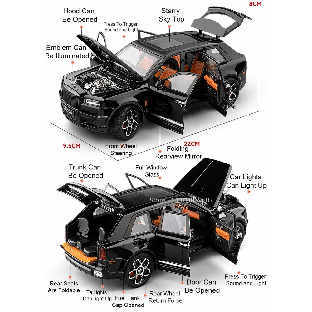 รถโมเดล Rolls-Royce Cullinan BB ขนาด 1:20 ของเล่นรถโลหะผสมแบบหล่อขึ้นรูป มีเสียง มีไฟ ประตูเปิดได้ แบบดึงหลัง ของตกแต่งบ้าน