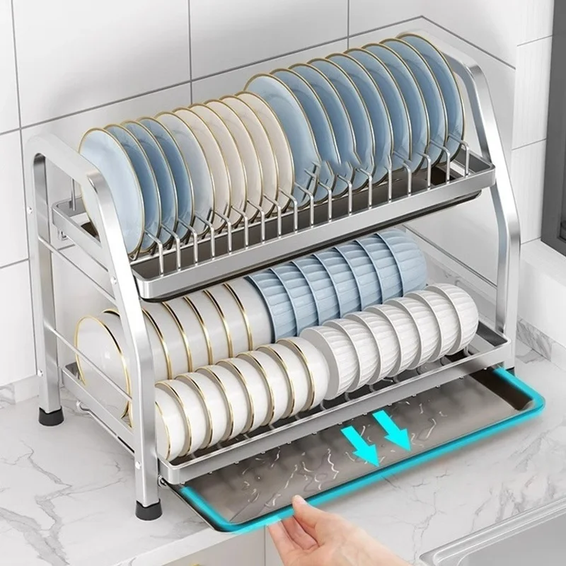

2/3 Tiers Stainless Steel Rack Tray Drainboard Board Cup Knife Forks Rack Kitchen Organizer Storage Utensil Holder Drying Dishes