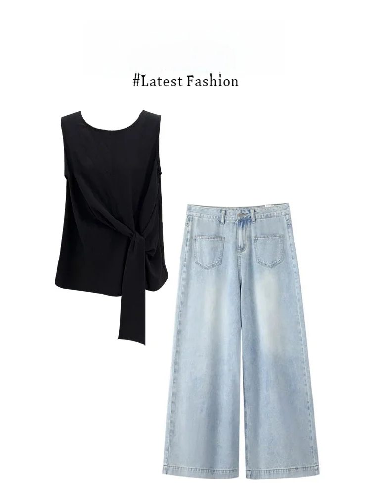 

Summer New Style Women's Sleeveless round Neck Design Sense Vest High Waist Slim Wide Leg Pants Two Piece Set Fashionable Outfit
