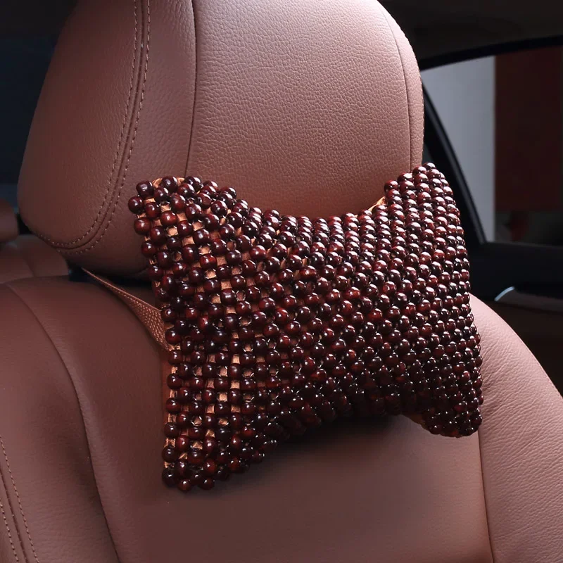 1 Pair Summer Brown Car Neck Pillow Handmade Mahogany Wood Beads Massage Auto Seat Headrest Support for Car Styling