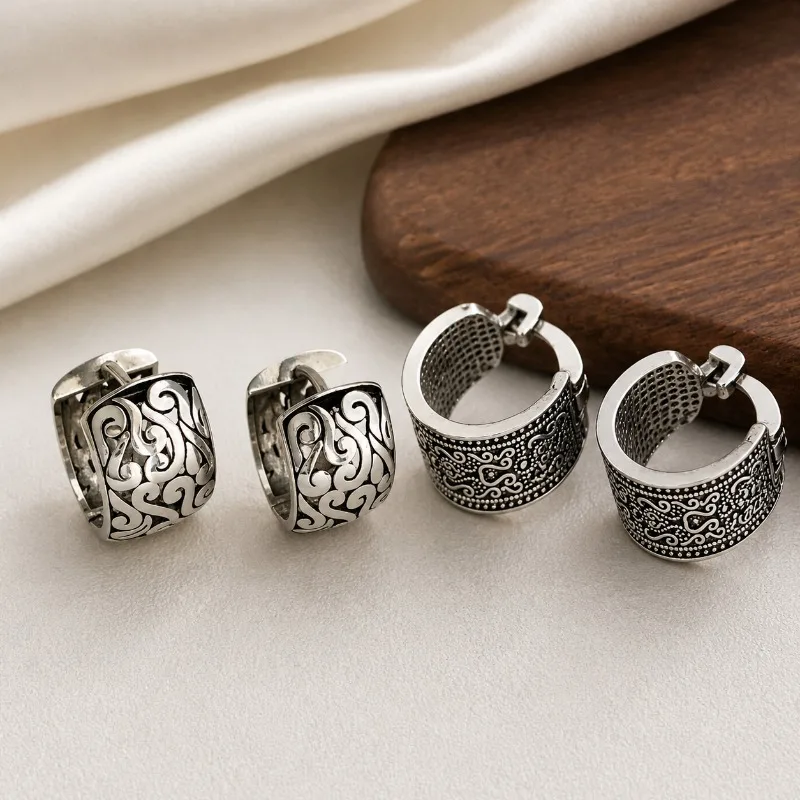 925 Sterling Silver Textured Flower Earrings for Women Gothic Fashion Simple Retro Personality Craft Pattern Earrings Niche