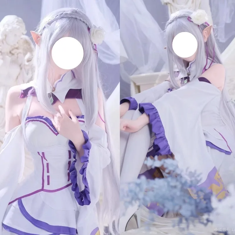 

Anime Emilia Cosplay Costume Purple Lolita Dress with Accessories Wig Full Set Role Play Outfit for Women Girls Theme Party