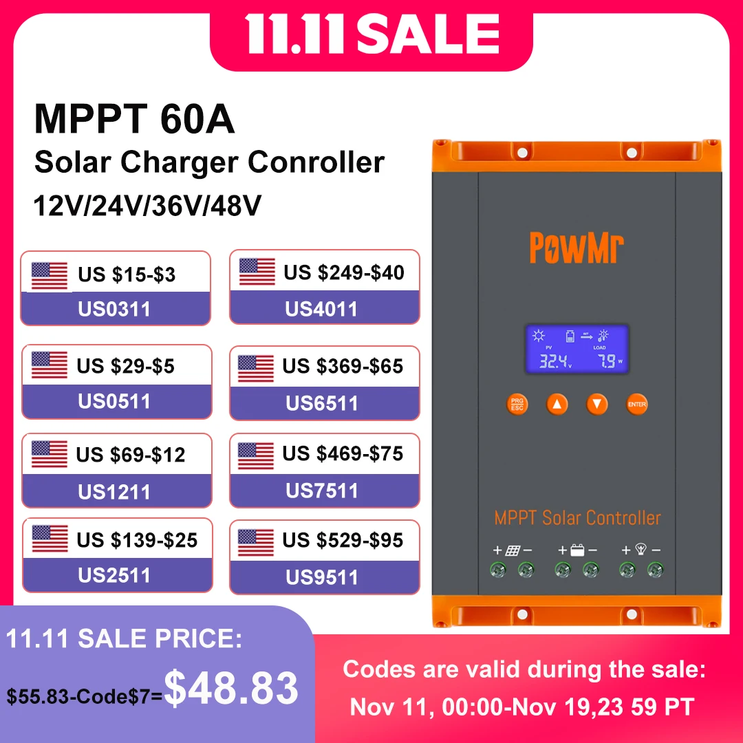 PowMr MPPT وحدة تحكم شحن شمسية ، شاشة LCD ، لوح شمسي أقصى ، دعم موازي و 12 وحدة كحد أقصى ، 60 أ ، 12 فولت ، 24 فولت ، 36 فولت ، 48 فولت ، PV ، V ، V ، جديد