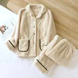 2026 Couple Winter Flannel Pajama Set Men's and Women's Coral Plush Thick Solid Long Sleeve Pants Home Suit Two Piece Set