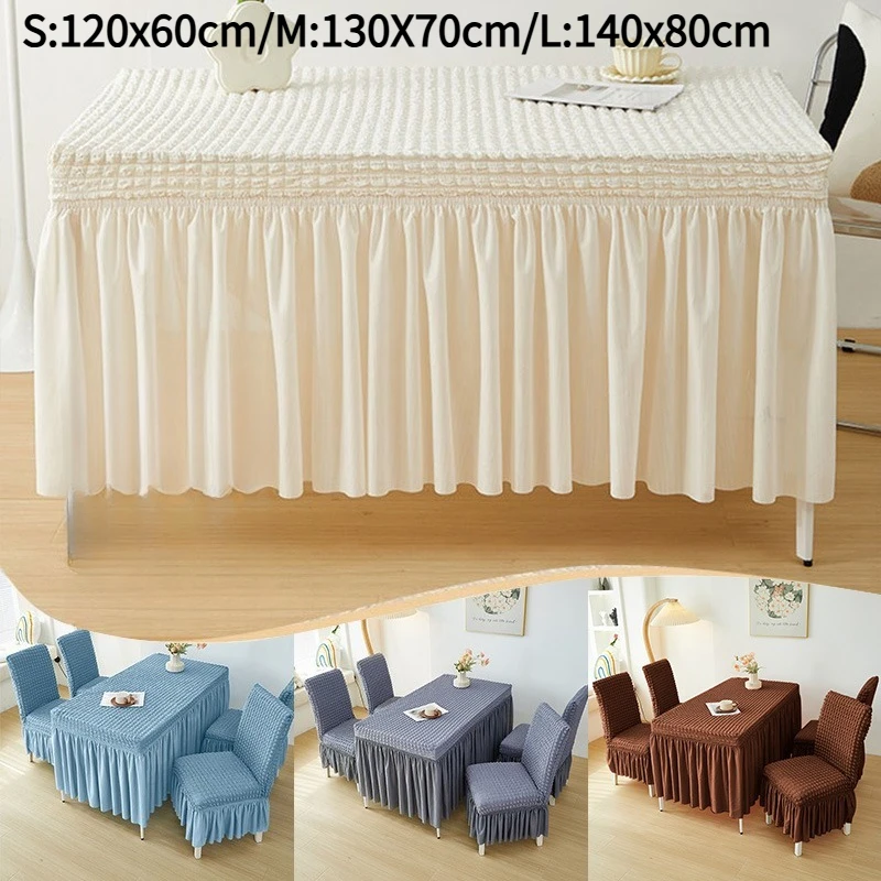 French Style Seersucker Table Cloth with Skirt Stretch Rectangular Anti-Dust Dining Table Cover Removable Washable Home Decor