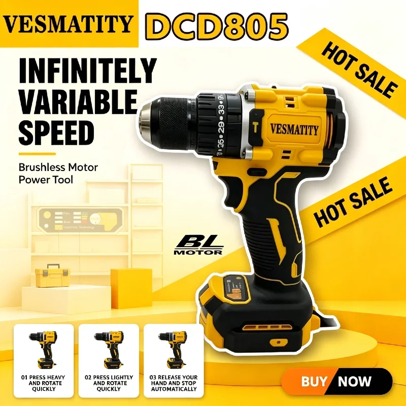 Vesmatity DCD805 Brushless Impact Drill Cordless Screwdriver Multi Function Hand Drill Power Tool for 18V Battery Max Unit
