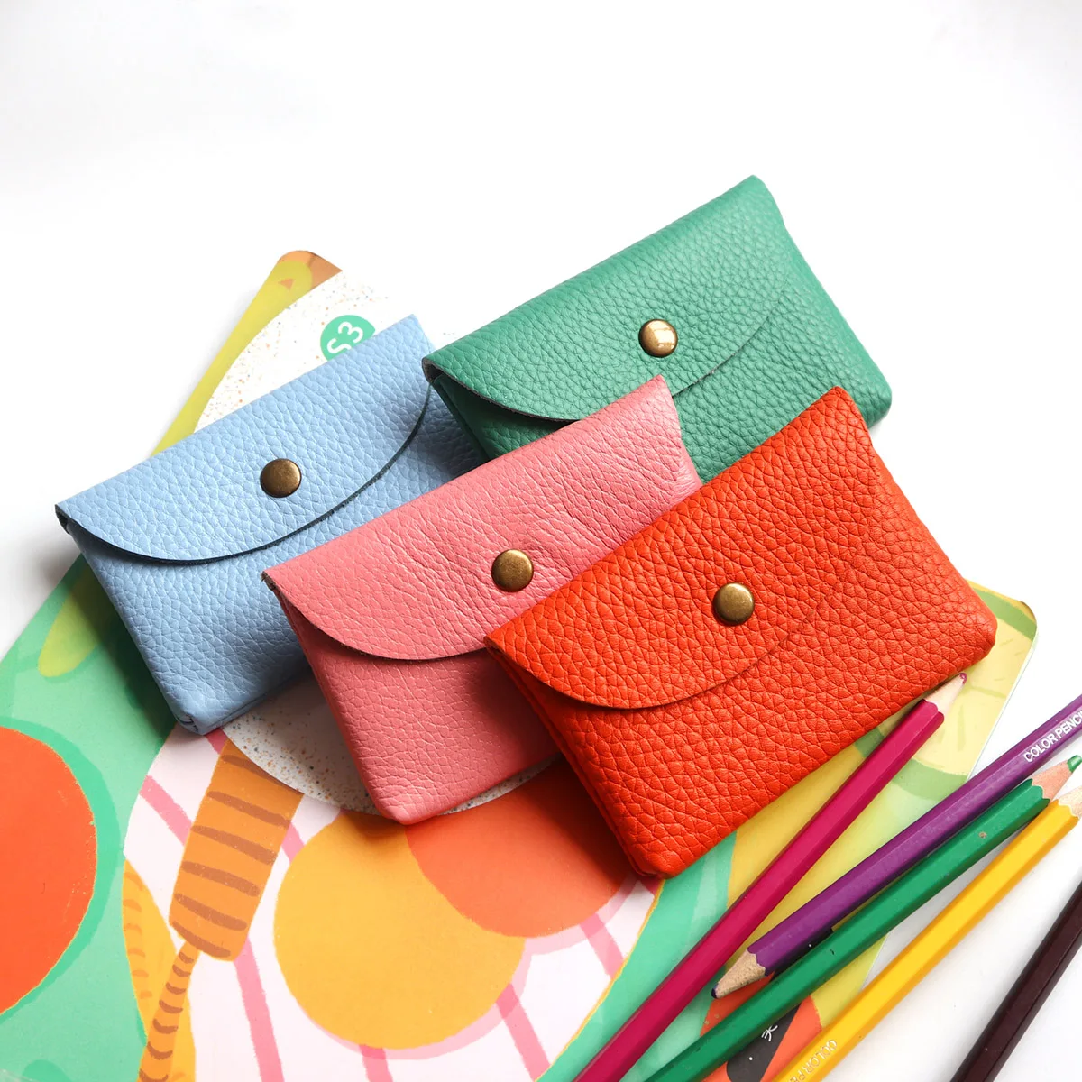 Simple Genuine Leather Coin Purse Multiple Colorful Mini Envelope Bag Flap Cover Name Card Holder Small Pocket Wallet Money Bag