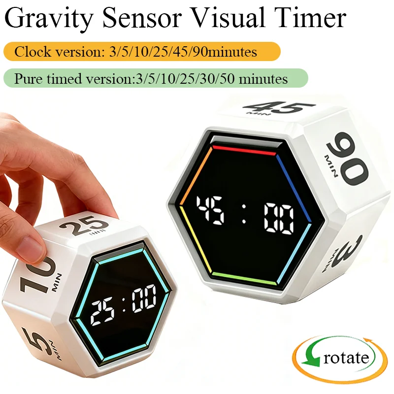 YS-1088 Temporizador de Produtividade com Sensor de Gravidade, Contagem Regressiva Visual, 6 Tempos Predefinidos, Display LED, Cubo, Temporizador de Cozinha, Despertador
