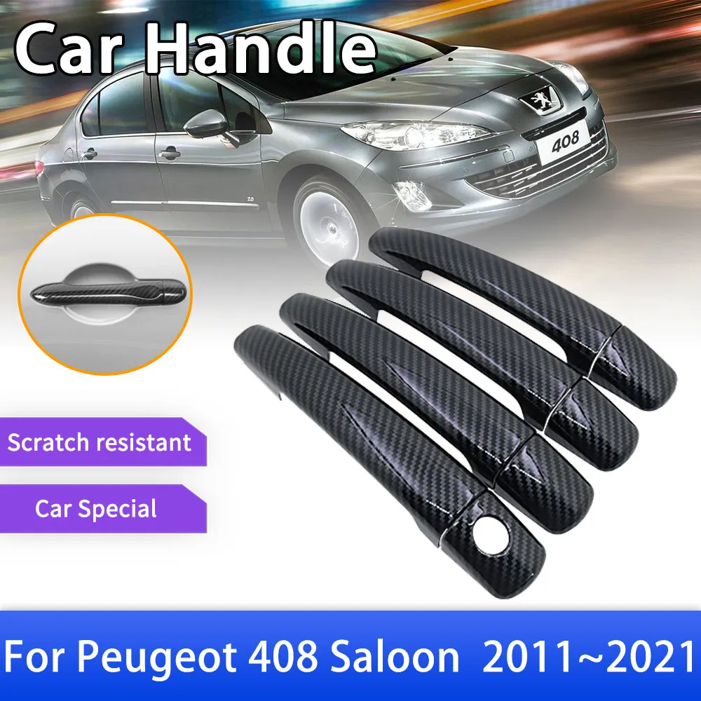 Carbon Fiber Door Handle Cover Trim for Peugeot 408 Saloon MK1 2011~2021 Car Accessories Stickers 2013 2014 2015 2016 2017 2018