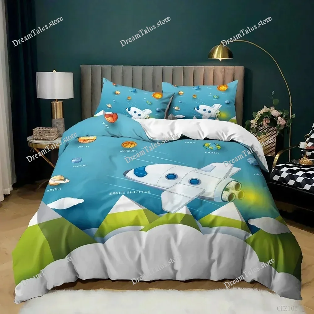 Cartoon Duvet Cover Set Science Fiction Space Themed with Earth and Rocket,Decorative Bedding Set,Queen Size Quilt Cover741