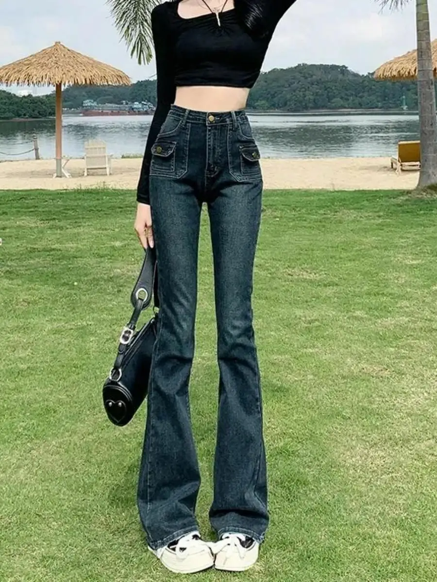 

Джинсы-колокольчики с высокой талией, женские облегающие эластичные длинные брюки с двойной сеткой, весенне-осенние повседневные брюки с синим дизайном