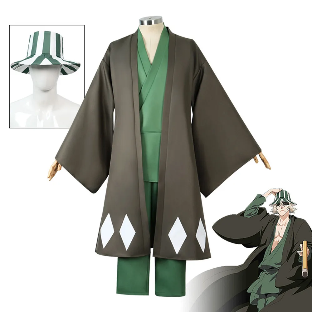 Anime wybielacz Cosplay Urahara Kisuke kostium Halloween karnawał kostium imprezowy mężczyzn czarne spodnie Kimono kapelusz stroje ubrania