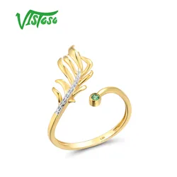 VISTOSO 14K 585 Yellow Gold Rings For Women Nature Green Stone Emerald Diamond Leaves Open Ring Anniversary Wedding Fine Jewelry