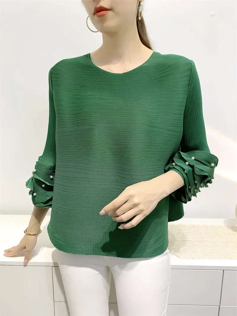 YUDX Miyake T-shirt Tops Women Sleeves Carven Design Beaded Loose Pleated Clothes Toothpick Pleated Comfort Casual Top 2023 New