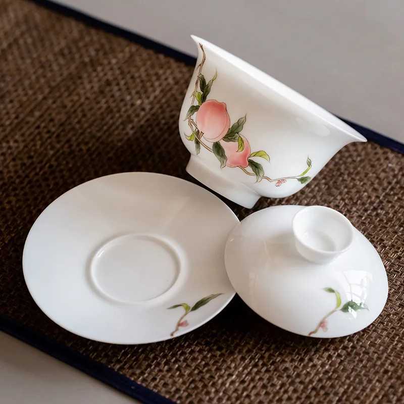 175ml White Porcelain Tea Tureen Sancai Covered Bowl Single Tea Cup Hand-painted Longevity Peach Sweet Gaiwan Kung Fu Teaware