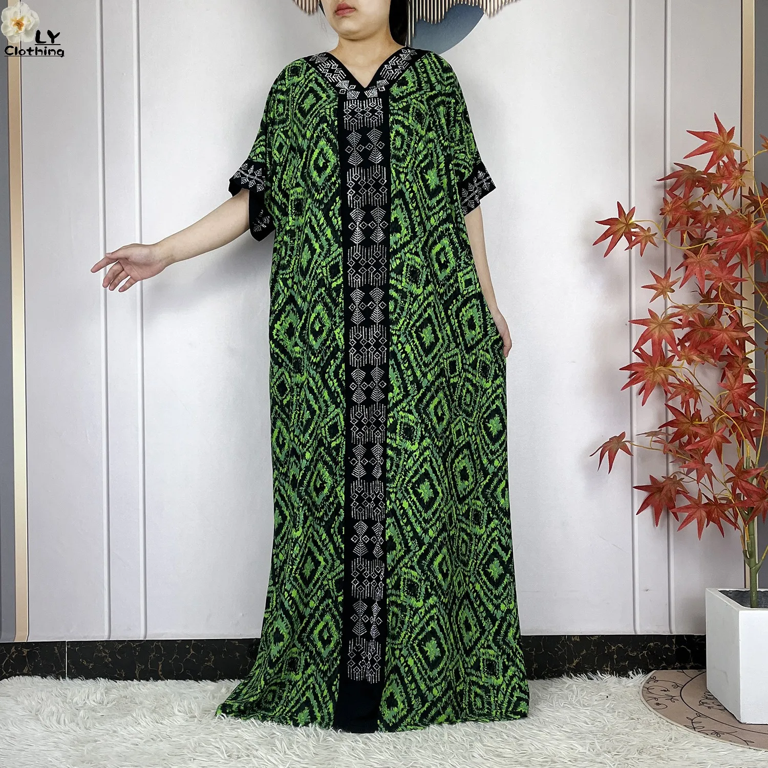 New Style Fashion Dubai Women Dress African Abaya Cotton Printed Loose Boubou Maxi Islam Women Short Sleeve Dress With Big Scarf 5