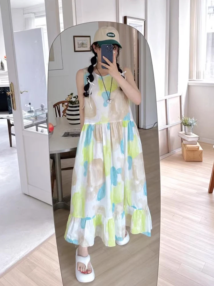 여름 새 스타일 여성의 느슨한 민소매 롱 드레스 조끼 염색 인쇄 유화 스타일 한국어 버전 롱 스커트