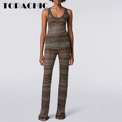 5.9 TOPACHIC Women's Striped Bling Silk Jacquard Knitted O-Neck Sleeveless Short Tank Top Or Elastic Waist Straight Pants Set