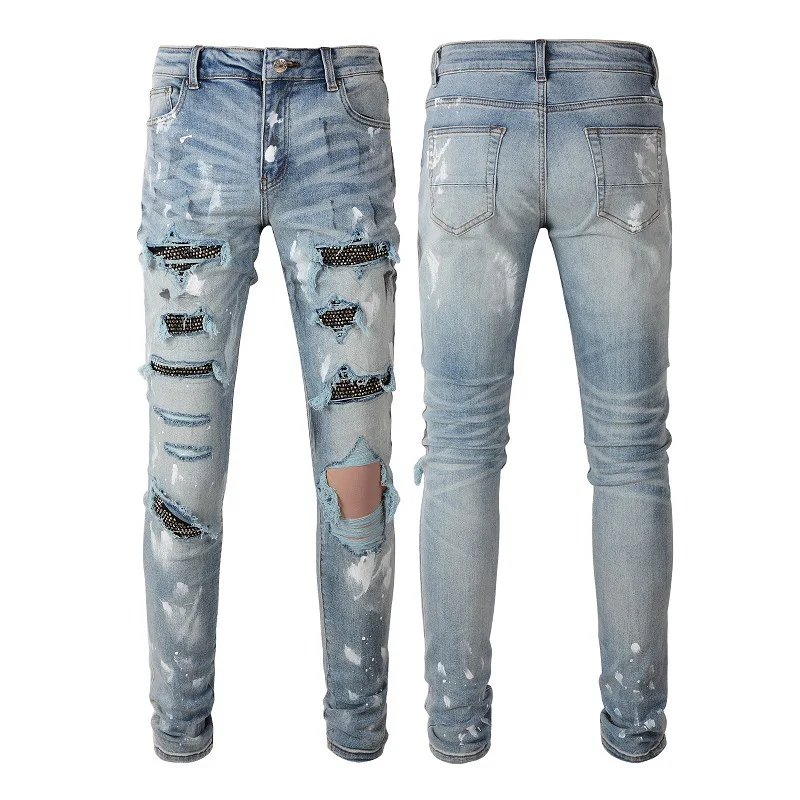 

Trendy mens slim fit graffiti jeans with diamond encrusted hole patch high street fashion pants