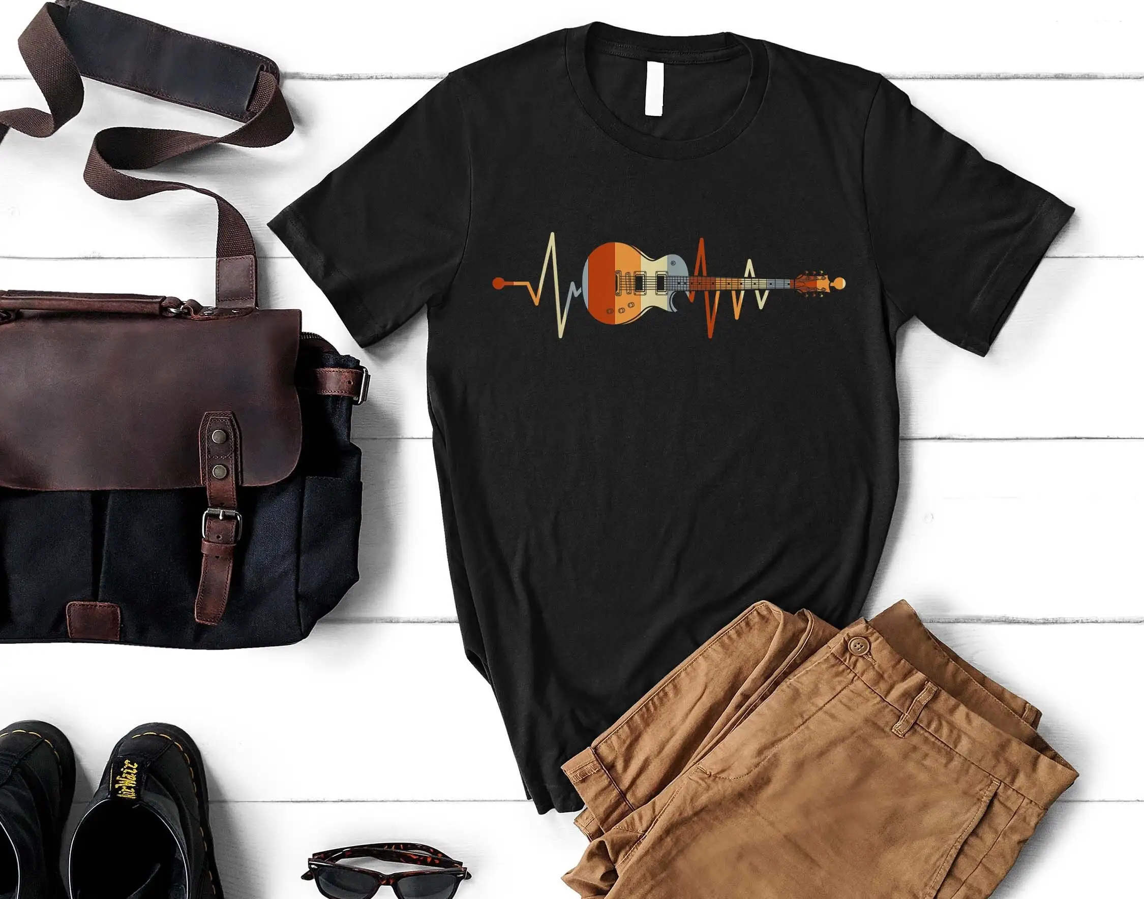 Retro Guitar T Shirt Heartbeat Line Lover for Guitarist Rock Band Player Electric Christmas