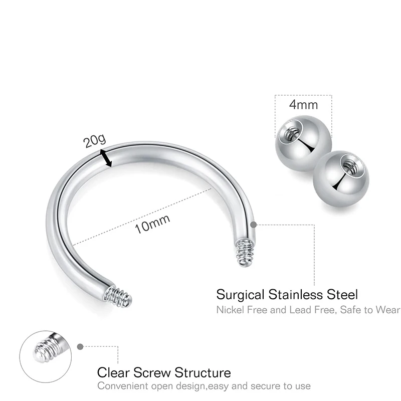 20G Surgical Steel Nose Septum Horseshoe Hoop Eyebrow Lip Navel Belly Nipple Piercing Ring Helix Tragus Captive Earrings