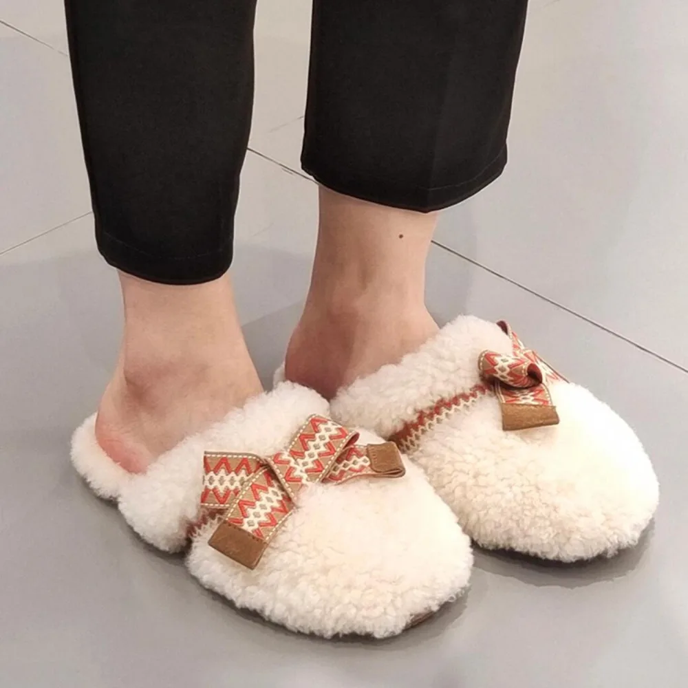 NIGO Women's Spring And Autumn Fur Bow Fashionable Slippers Outside Fashion Simple Cute Round Head Casual Shoes #NGSH1291