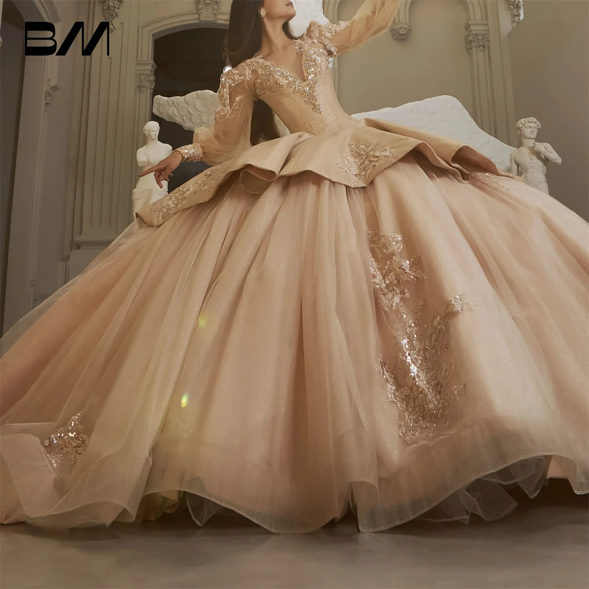 Princess Ball Gown Quinceanera Dresses with Flower Lace Appliques Full Sleeves Tulle Sweet 15 16 Dresses Custom Make