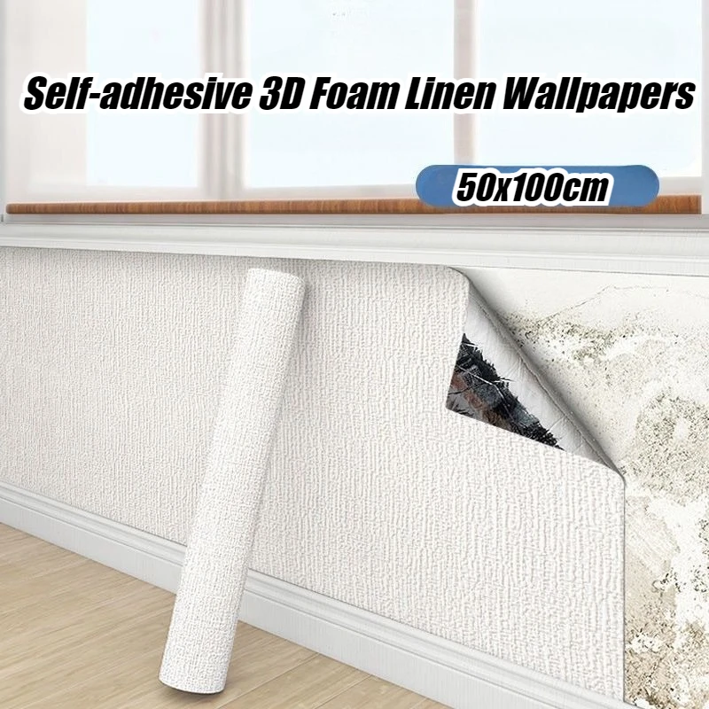 

Льняные самоклеящиеся 3D пенопластовые обои XPE, однотонные утолщенные водонепроницаемые фоновые обои, наклейки на стену, домашний декор