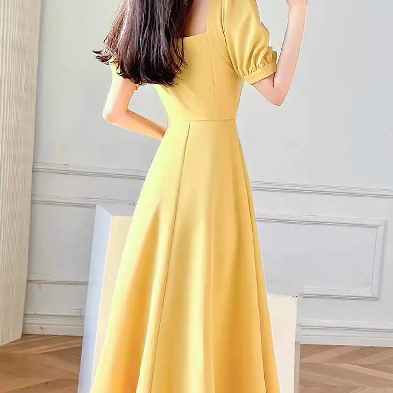 Light yellow dress summer new French square neck Hepburn style temperament long dress A-LINE vestidos dress