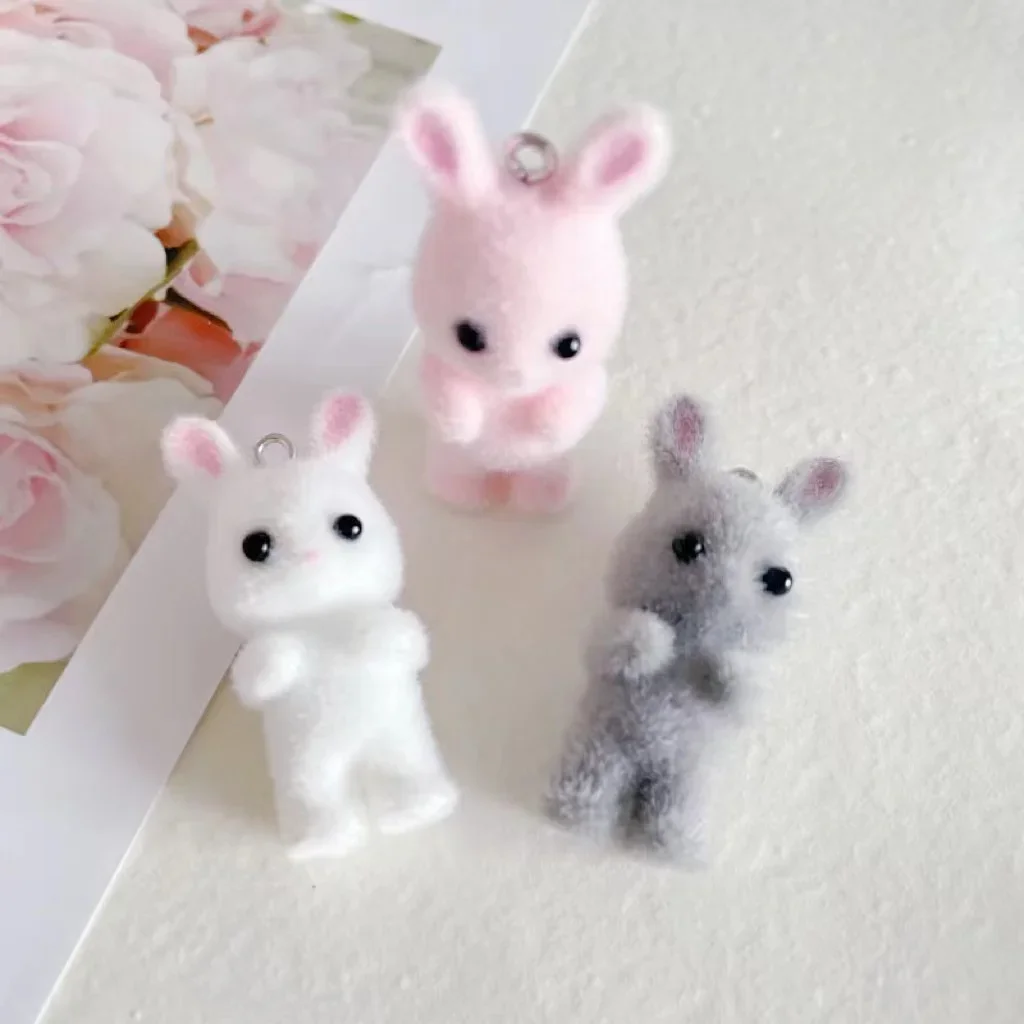 3pcs 3D Fluffy Flocking cute cartoon Rabbits Charms Miniature Dolls Pendant Keychain Necklace DIY Crafts Jewelry Make