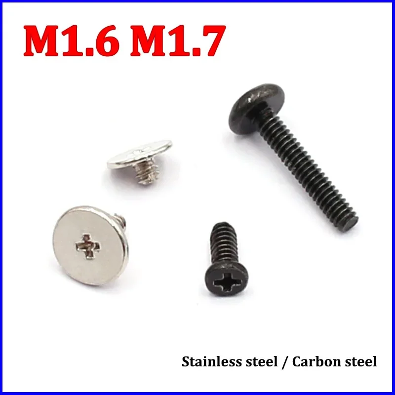 100pcs M1.6 M1.7 Flat Thin Head Phillips Cross Machine Screw Hardening Micro Screws Length 1.7/3/4/5/6/7.5/9mm