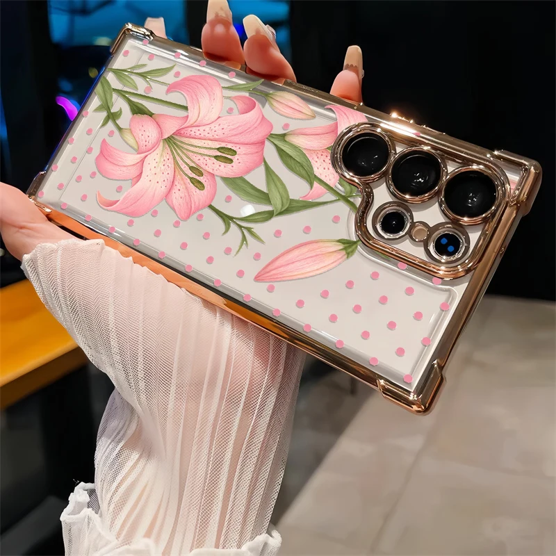Luxury Pink Floral Pattern Phone Case For Samsung Galaxy A07 A06 A05S A04E A03S A02 A03 Core Anti Scratch Plating TPU Cover Capa