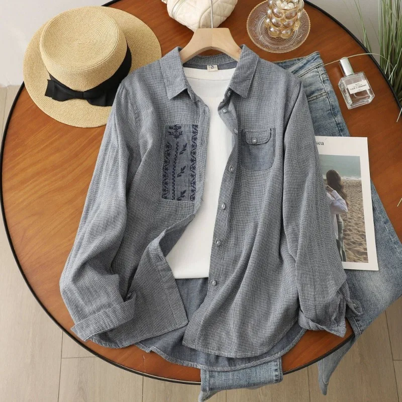 

Women's Cotton Plaid Embroidered Shirt Loose Casual Long Sleeve Button Down Blouse