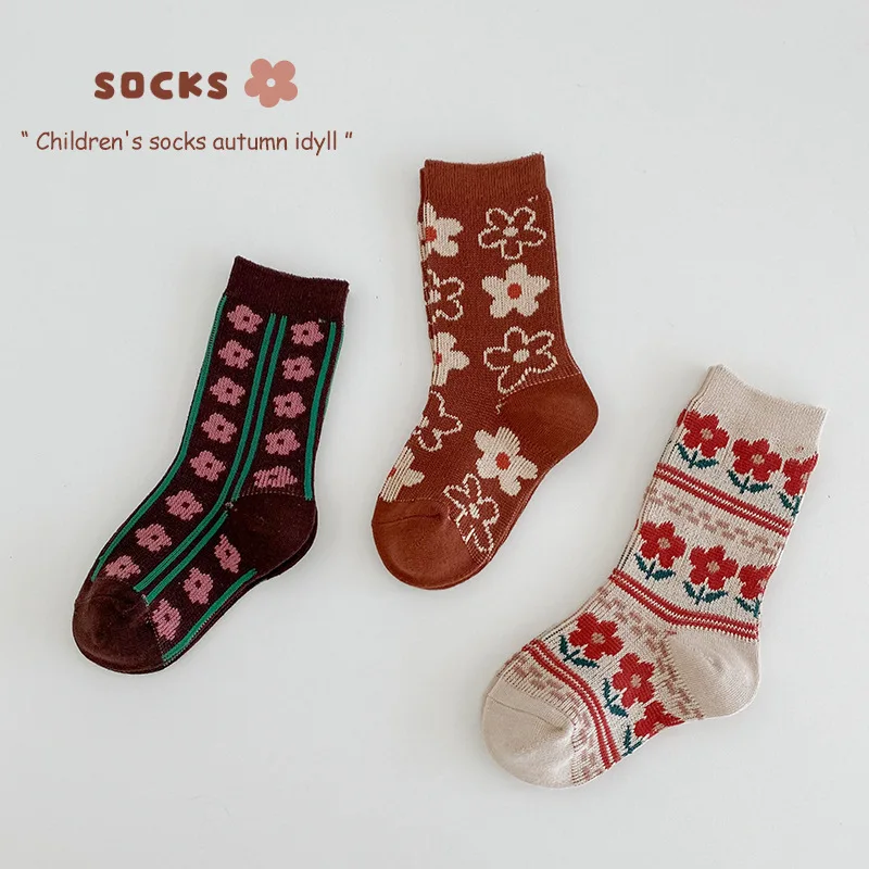 Winter Girls Socks Retro Maillard Floral Pattern Socks Double Cotton Warm Calf Socks Kids Baby Boys Bear Socks